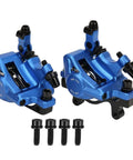 Heavy Duty Aluminum Alloy Mechanical Disc Brakes Front Rear Set For Mountain Bikes Hella Smooth Two Way Piston Action Stops On A Dime Blue Color Slick Setup close-up of blue brake calipers with mounting screws
