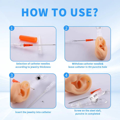 How to use Mixed Gauge Catheter Piercing Needles Kit 10Pcs Set 14G 16G 18G 20G 22G Hollow Cannula for ear piercing steps