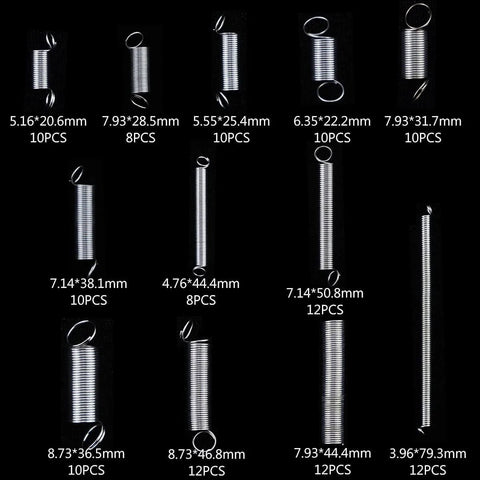 Heavy Duty Steel Wire Extension Spring Replacement Kit, 200 Piece Spring Assortment With Zinc Plated Coils displayed on black background