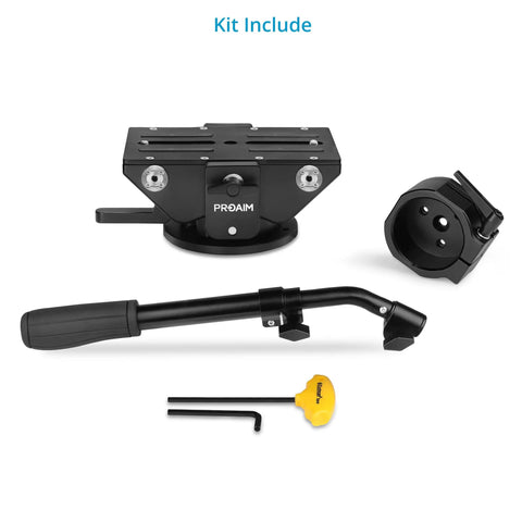 Rocker Camera Plate System With Flat Base Mount kit contents including base mount, handle, and tools for heavy video setups.