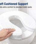 Raised Toilet Seat Cushion Riser With 2 Inch Pad And White Cover For Extra Comfort on standard toilet, hand touching cushion.