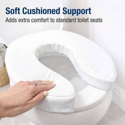 Raised Toilet Seat Cushion Riser With 2 Inch Pad And White Cover For Extra Comfort on standard toilet, hand touching cushion.