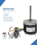 AC Condenser Fan Motor Heavy Duty One Quarter HP 208-230V 1075RPM 1.4A With 10uf Capacitor and wires displayed