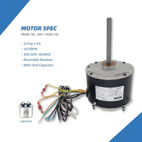 AC Condenser Fan Motor Heavy Duty One Quarter HP 208-230V 1075RPM 1.4A With 10uf Capacitor and wires displayed