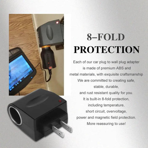 Plug And Play Ac To Dc Car Cigarette Lighter Adapter Converter, 120V To 12V Universal Wall Plug Extender with 8-fold protection feature.