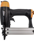 Pro Grade Pneumatic 20 Gauge L Cleat Flooring Nailer For Tongue And Groove DIY Friendly Hardwood Installs One And A Quarter Inch Cleats Glue Collated Durable Steel Drive Blade And Anodized Aluminum Body side view showing steel drive blade.