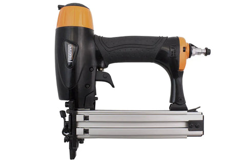 Pro Grade Pneumatic 20 Gauge L Cleat Flooring Nailer For Tongue And Groove DIY Friendly Hardwood Installs One And A Quarter Inch Cleats Glue Collated Durable Steel Drive Blade And Anodized Aluminum Body side view showing steel drive blade.