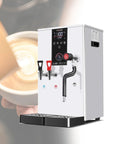 Commercial Stainless Steel Milk Frother Solid Build Cranks Heat Fast Auto Fill Pump for Silky Foamy Lattes and Espresso Dope Barista Level Slick Finish Heavy Duty 220 Volt White in cafe setting.