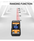 Pro Grade Digital Stud Finder And Wall Scanner Loaded With AC Wire Hunter Pipe Detector And Wood Moisture Meter displaying a laser ranging function.