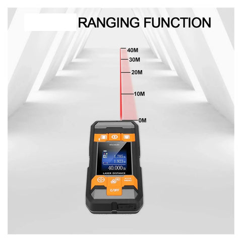 Pro Grade Digital Stud Finder And Wall Scanner Loaded With AC Wire Hunter Pipe Detector And Wood Moisture Meter displaying a laser ranging function.