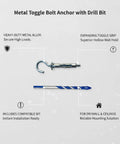 Hollow Wall Mounting Kit With Toggle Bolts And Drill Bit For Drywall And Ceilings, Heavy Duty Metal Anchor Set In Silver, No Studs