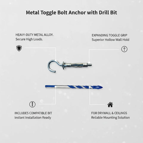 Hollow Wall Mounting Kit With Toggle Bolts And Drill Bit For Drywall And Ceilings, Heavy Duty Metal Anchor Set In Silver, No Studs