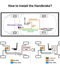 Diagram showing how to install a Hydraulic Handbrake Adjustable Ebrake Long Lever Handle For Drift Track Rally Racing Master Cylinder 0.75 Inch Fit Vertical Position Ergonomic Anti Slip CNC Aluminum Lightweight Anti Rust in a vehicle.