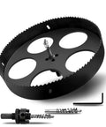 9.8-inch black hole saw with heavy-duty arbor and bi-metal HSS cutter; includes bits and hex key.