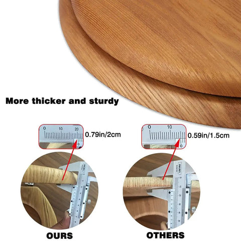 Comparison of two round wood toilet seats showing thickness, one with 0.79in for Round Wood Toilet Seat With Durable Chrome Hinges, Natural Oak Veneer Finish.