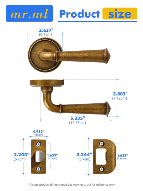 Antique Brass Passage Door Handle Lever For Interior Doors Vintage Aluminum Alloy Door Lever dimensions illustration