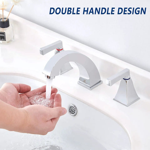 Hands under running water from widespread 8 inch bathroom faucet with 2 handles, 3-hole lavatory sink mixer in chrome.