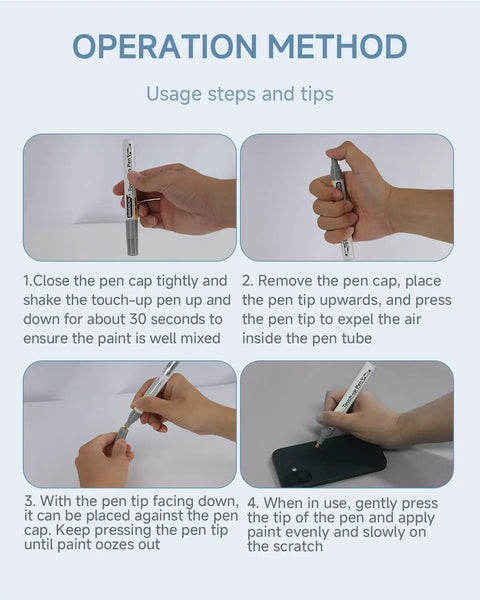 Instructional image showing usage steps for SP83 Touch Up Paint For iPhone 14 And 14 Plus Scratch Repair Pen With Replacement Tip.