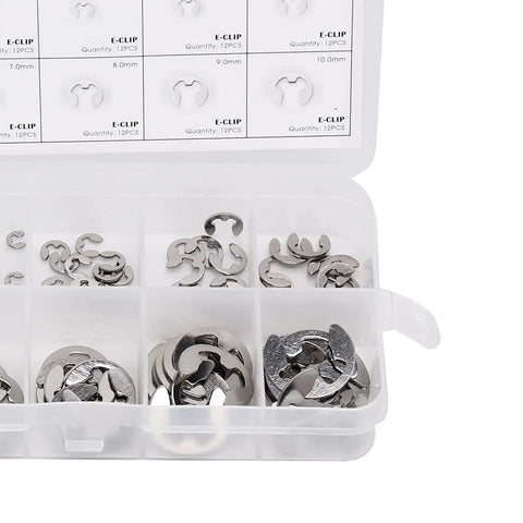 120Pcs E Clip Ring Set 1.5mm To 10mm Stainless Steel External Retaining Rings Circlip Assortment with labeled storage case