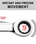 Ratcheting Seven Eighth Inch Combination Wrench With 72 Tooth Gear, showing box end with 72 teeth and 5-degree turn capability.