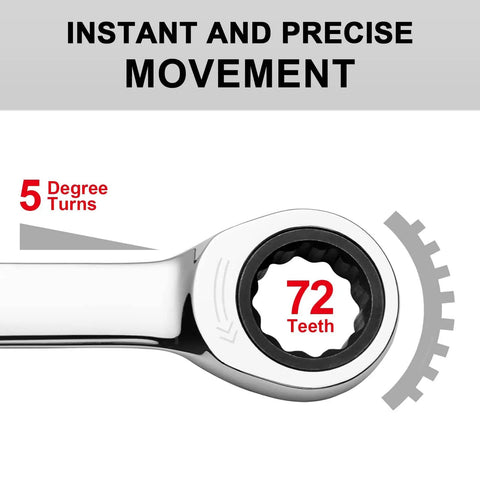Ratcheting Seven Eighth Inch Combination Wrench With 72 Tooth Gear, showing box end with 72 teeth and 5-degree turn capability.