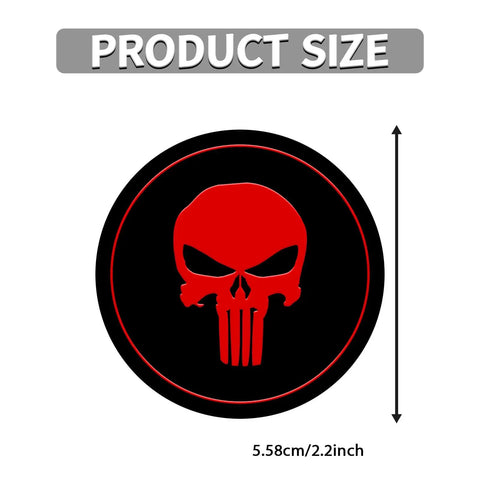 Fresh Four Pack Wheel Center Cap Stickers Featuring A Dope Skull Design In Vivid Red For Any Road Ready Ride These Two Point Two Inch Metal Emblems showing size and design.
