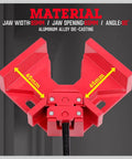 Premium Aluminum Single Handle Corner Clamp For Woodworking With Smooth Rotary Jaw And Dead Tight Grip For Easy Peasy Setup On Any Tight Fitting Cabinet Build, showing 95mm jaw width and 65mm jaw opening.
