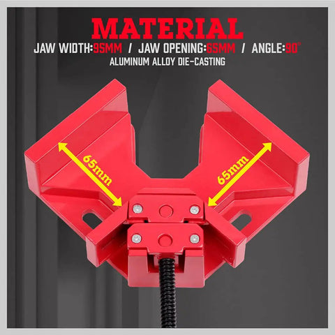 Premium Aluminum Single Handle Corner Clamp For Woodworking With Smooth Rotary Jaw And Dead Tight Grip For Easy Peasy Setup On Any Tight Fitting Cabinet Build, showing 95mm jaw width and 65mm jaw opening.