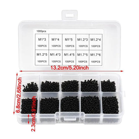 Knockout 1000 Piece Self Tapping Screw Assortment Kit With Tough Carbon Steel Phillips Pan Head Mini Fasteners M1 to M3 sizes in storage box