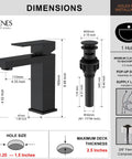 Dimensions of matte black single handle bathroom sink faucet in stainless steel vanity with pop up drain and supply hoses.