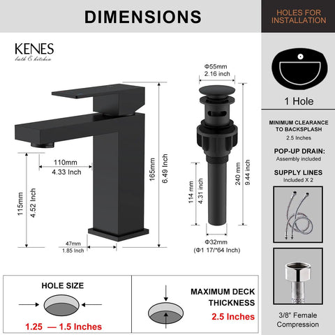Dimensions of matte black single handle bathroom sink faucet in stainless steel vanity with pop up drain and supply hoses.