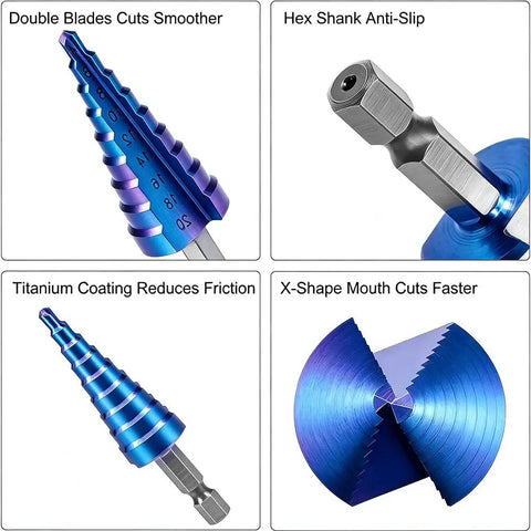 Built Tough 3 Piece Titanium Coated HSS Step Drill Bit Set Making Precision Drilling And Deburring An Absolute Breeze For Sheet Metal Jobs A Total Shop Staple You Are Gonna Love showing blue titanium step drill bits with features including double blades and hex shank.