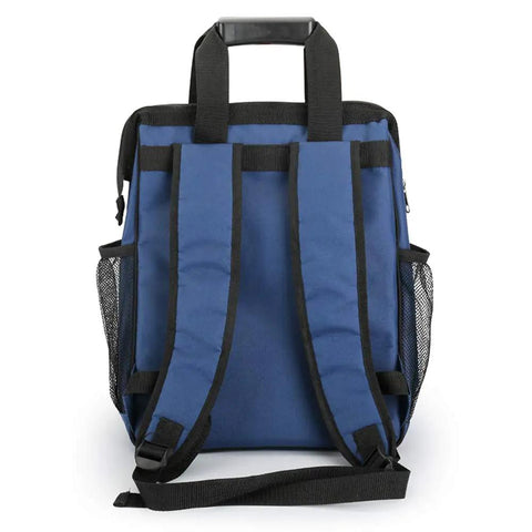 Back view of Heavy Duty Tool Backpack For Electricians And Pros, Waterproof Tool Bag With 600D Durable Build, in blue.