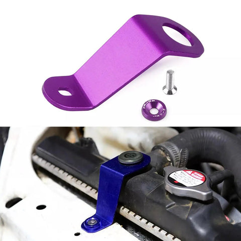 Beefed Up Radiator Stay Mount Bracket For EG 92-95 Civic in purple with bolt, for heavy-duty aluminum cooling DIY car upgrade.