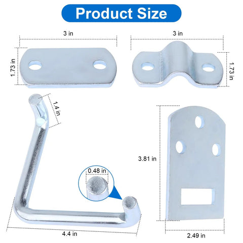 Pro Grade Truck Stake Bed Latches Bracket Set With Tough As Nails Corner Connectors and No Sweat Straight Side Gate Hardware for Easy hookup on Trailers Wagons and Wood Fencing showing 4 plates and sizes.