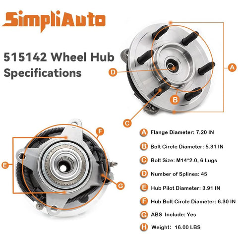 Front Wheel Hub Bearing Assembly 515142 Fits Ford F150 Expedition Navigator 2011 2012 2013 2014 4WD 4X4 Excludes Heavy Duty Payload Package Front Axle Replacement with specifications diagram.