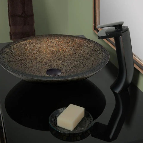 Cascade Waterfall Vessel Faucet With Single Lever Handle, Oil Rubbed Bronze Finish next to a decorative vessel sink