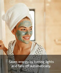 Woman with face mask promoting Countdown Timer Switch For Bathroom Fans And Lights With Presets 5 10 15 30 Minutes No Neutral Needed