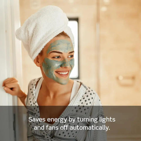 Woman with face mask promoting Countdown Timer Switch For Bathroom Fans And Lights With Presets 5 10 15 30 Minutes No Neutral Needed