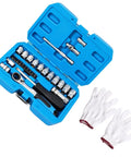 Heavy Duty 29 Piece Metric Socket And Ratchet Set With Through Hole Design And 72 Tooth Quick Reverse Ratchet in blue case with gloves