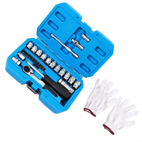 Heavy Duty 29 Piece Metric Socket And Ratchet Set With Through Hole Design And 72 Tooth Quick Reverse Ratchet in blue case with gloves