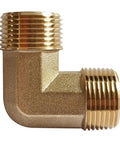 Brass 90-degree elbow pipe fitting, angled side view, 3/4 in NPT male x 3/4 in NPT male, for water/oil/gas.