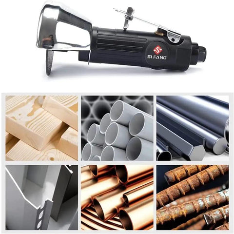 3 Inch Pneumatic Cut Off Tool with cutting discs next to metal and plastic pipes, wood, and metal bars.