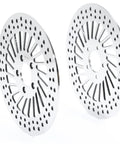 Heavy Duty Front Brake Rotor Pair Two Piece Set For Left Driver And Right Passenger Side Replacement Stainless Steel Silver Finish close-up image.