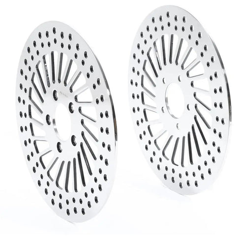 Heavy Duty Front Brake Rotor Pair Two Piece Set For Left Driver And Right Passenger Side Replacement Stainless Steel Silver Finish close-up image.