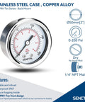 200 Psi Two Inch Dial Pressure Gauge With 1/4 NPT Back Mount Stainless Steel Case IP67 Waterproof Brass