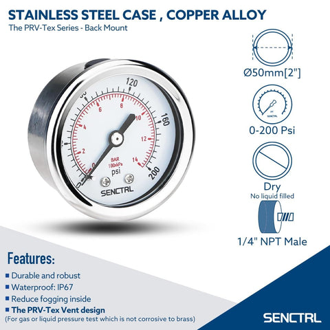 200 Psi Two Inch Dial Pressure Gauge With 1/4 NPT Back Mount Stainless Steel Case IP67 Waterproof Brass