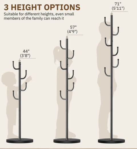 Heavy Duty Freestanding Coat Rack With Solid Wood Base And Metal Coat Tree 6 Hook Hanger Stand For Jackets Hats Bags No Wobble Sturdy Standing Purse Rack For Bedroom Or Office in three height options