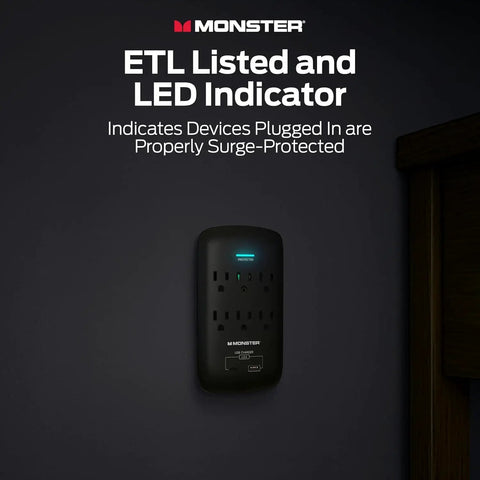 ETL listed Beefy 6 Outlet Surge Protector Wall Tap with USB A and USB C ports, black, mounted with LED indicator for safe power