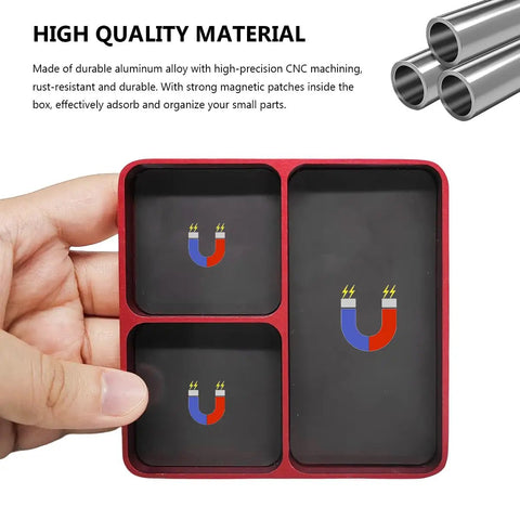 Must Have Magnetic Parts Tray Aluminum Alloy Organizer For RC Screws With Magnetic Pad Three Compartment Car Workshop Small Tool Tray For Sockets Bolts Pins Auto Repair Accessories Red in hand view